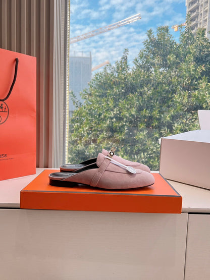 Hermes Women Pink Suede Mules