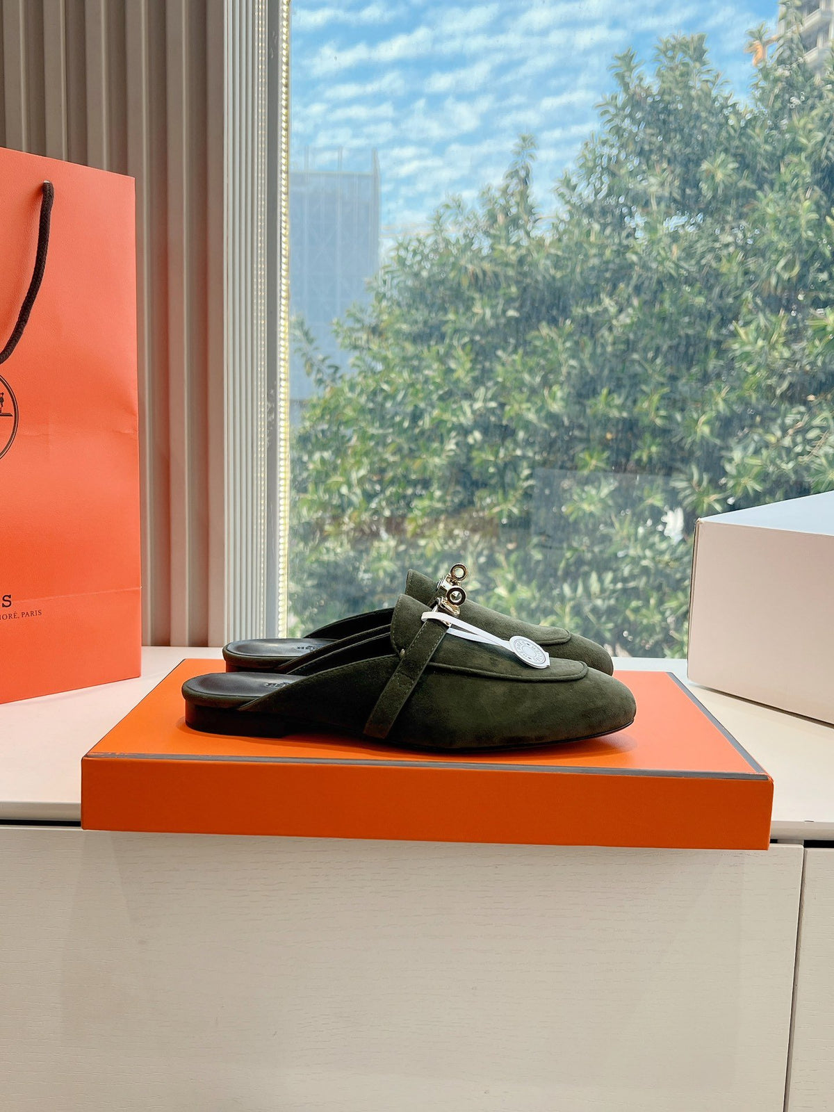 Hermes Women Green Suede Mules