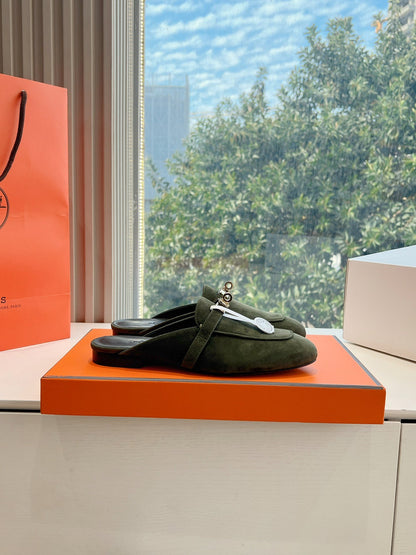 Hermes Women Green Suede Mules