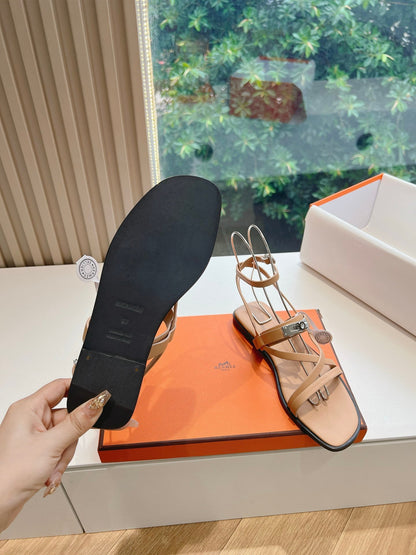 Hermes Women Beige Leather Strappy Sandals