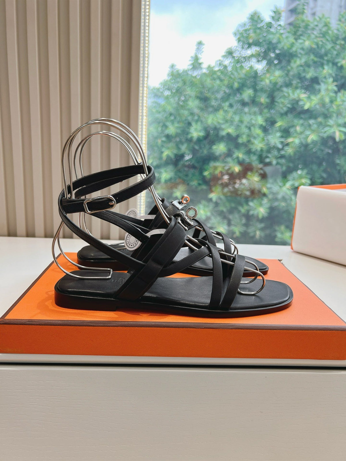 Hermes Women Black Leather Strappy Sandals