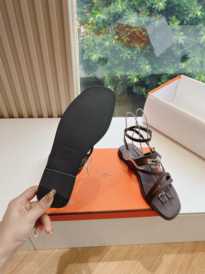 Hermes Women Dark Brown Leather Strappy Sandals