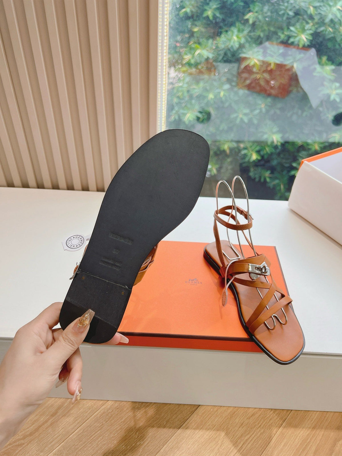 Hermes Women Tan Leather Strappy Sandals