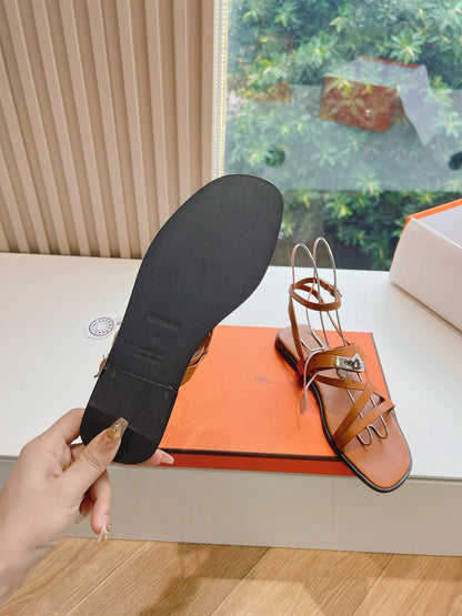 Hermes Women Tan Leather Strappy Sandals