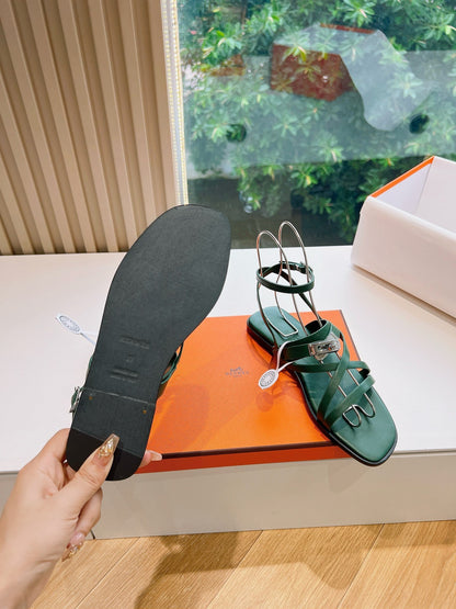 Hermes Women Green Leather Strappy Sandals