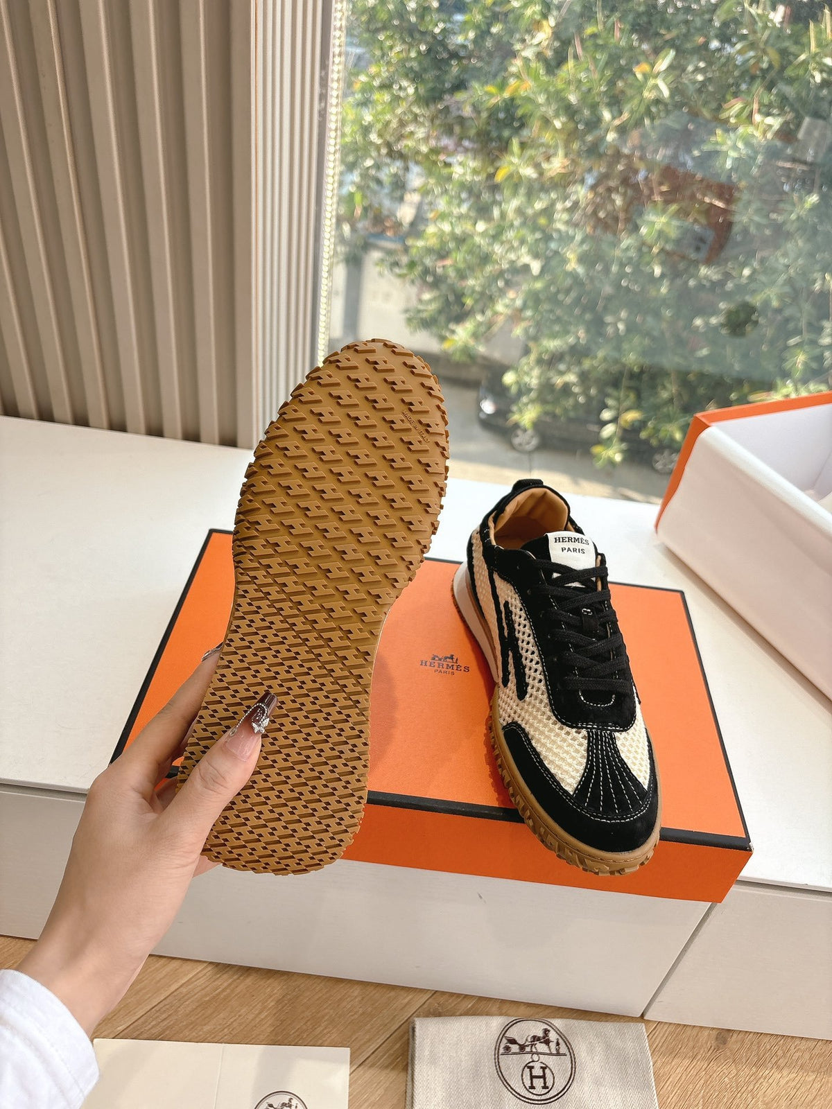Hermes Women Black And White Mesh Sneakers