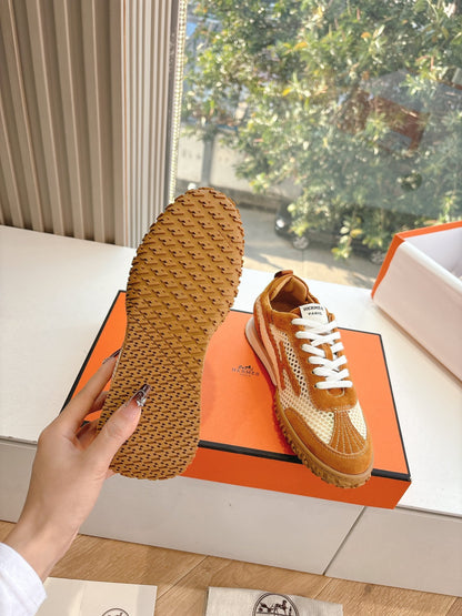 Hermes Women Brown Mesh Suede Sneakers