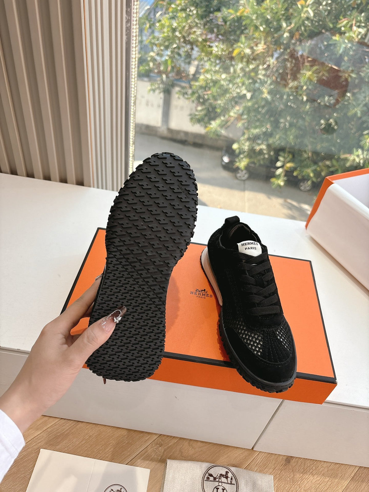 Hermes Women Black Suede Mesh Sneakers