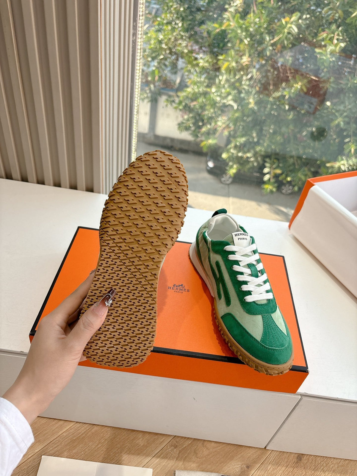 Hermes Women Green Suede Canvas Sneakers