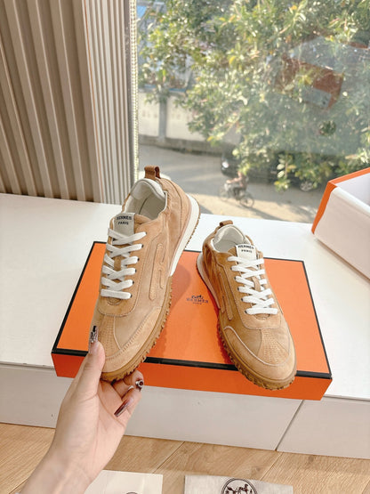 Hermes Women Beige Suede Sneakers