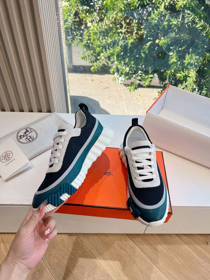 Hermes Women Navy Blue White Mesh Sneakers