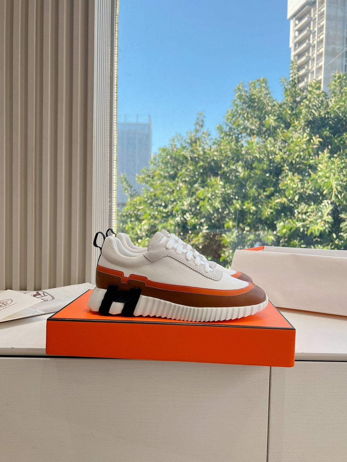 Hermes Women White Brown Leather Mesh Sneakers