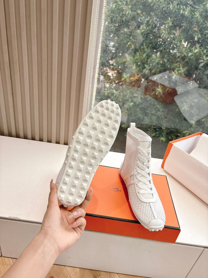 Hermes Women White Mesh Leather Sneakers