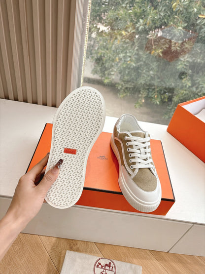 Hermes Women Beige Suede White Leather Sneakers