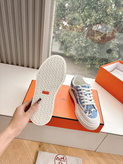 Hermes Women Light Blue Canvas And White Sneakers
