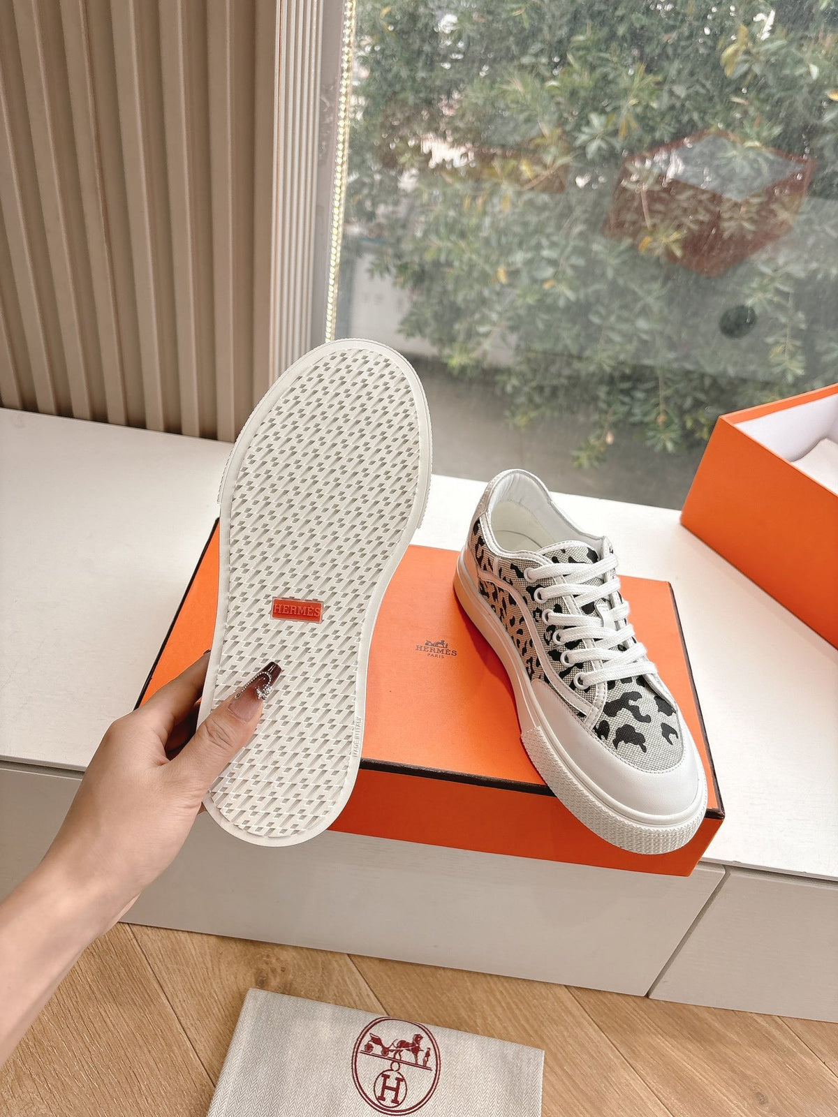 Hermes Women White Canvas Leopard Print Sneakers