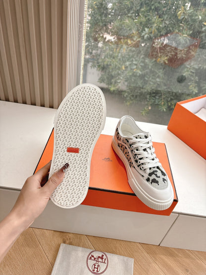 Hermes Women White Canvas Leopard Print Sneakers