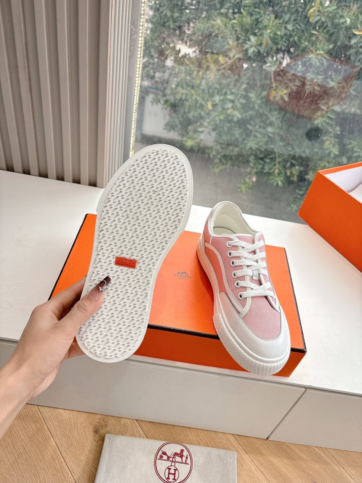 Hermes Women Pink Canvas And White Leather Sneakers