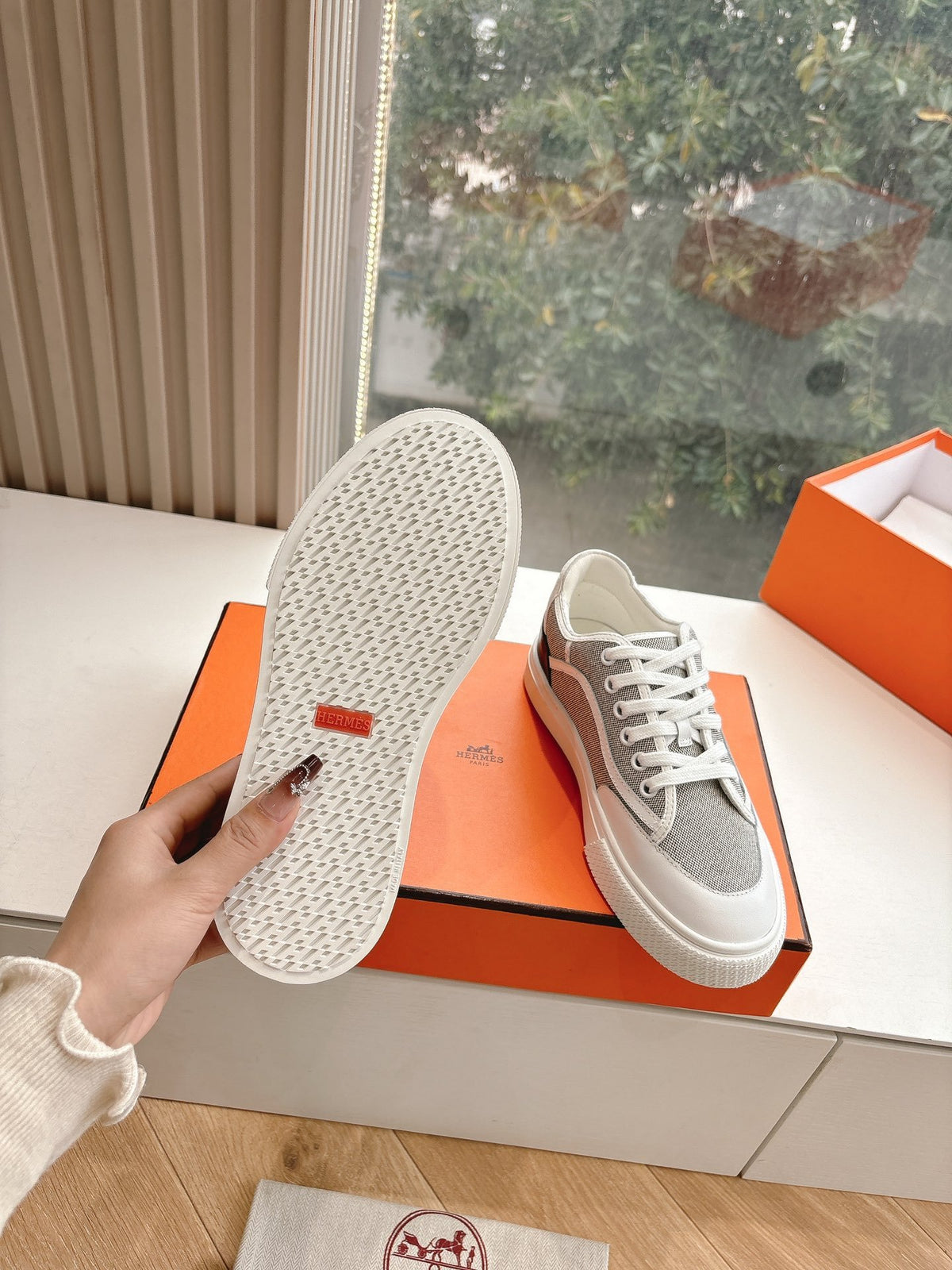 Hermes Women White Gray Mesh Canvas Sneakers