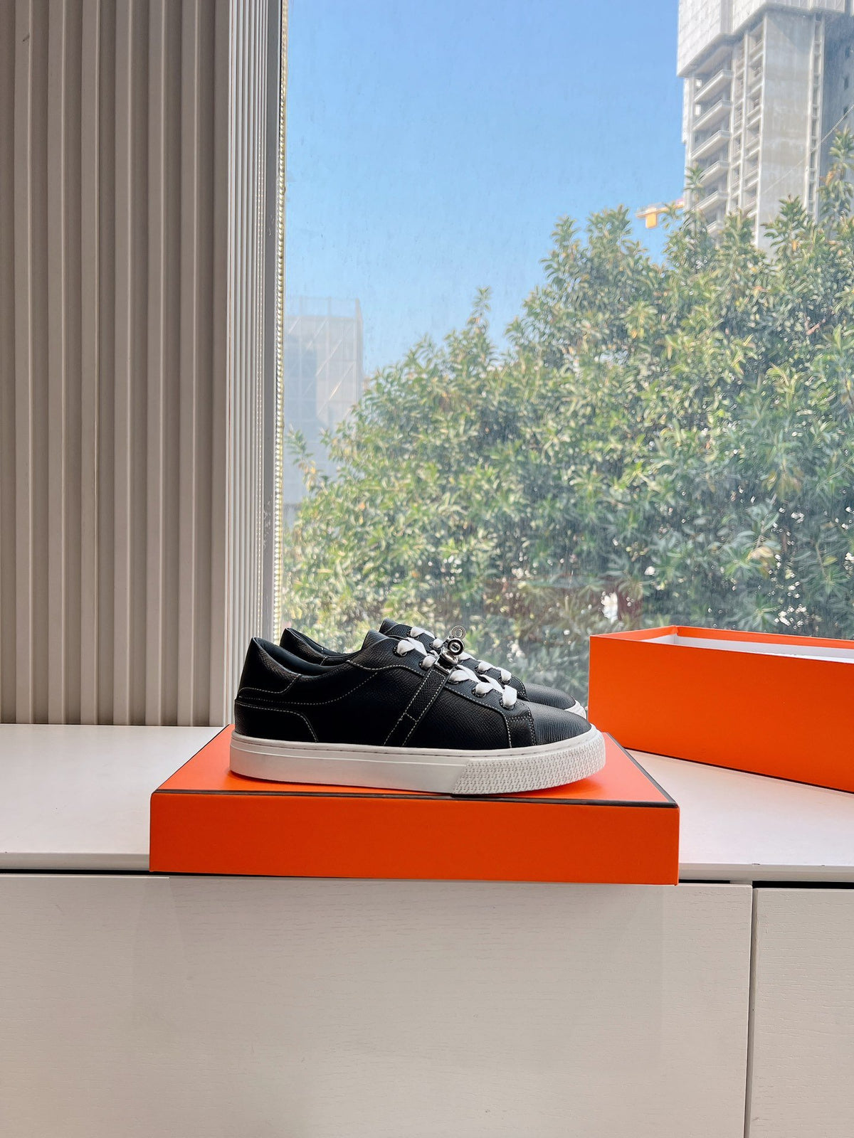 Hermes Women Black Leather Sneakers With Buckle Strap