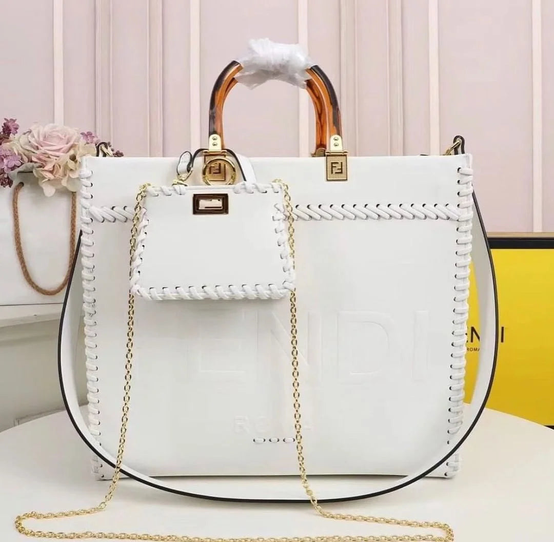 Fendi Sunshine Tote Bag White With Decorative Stitching