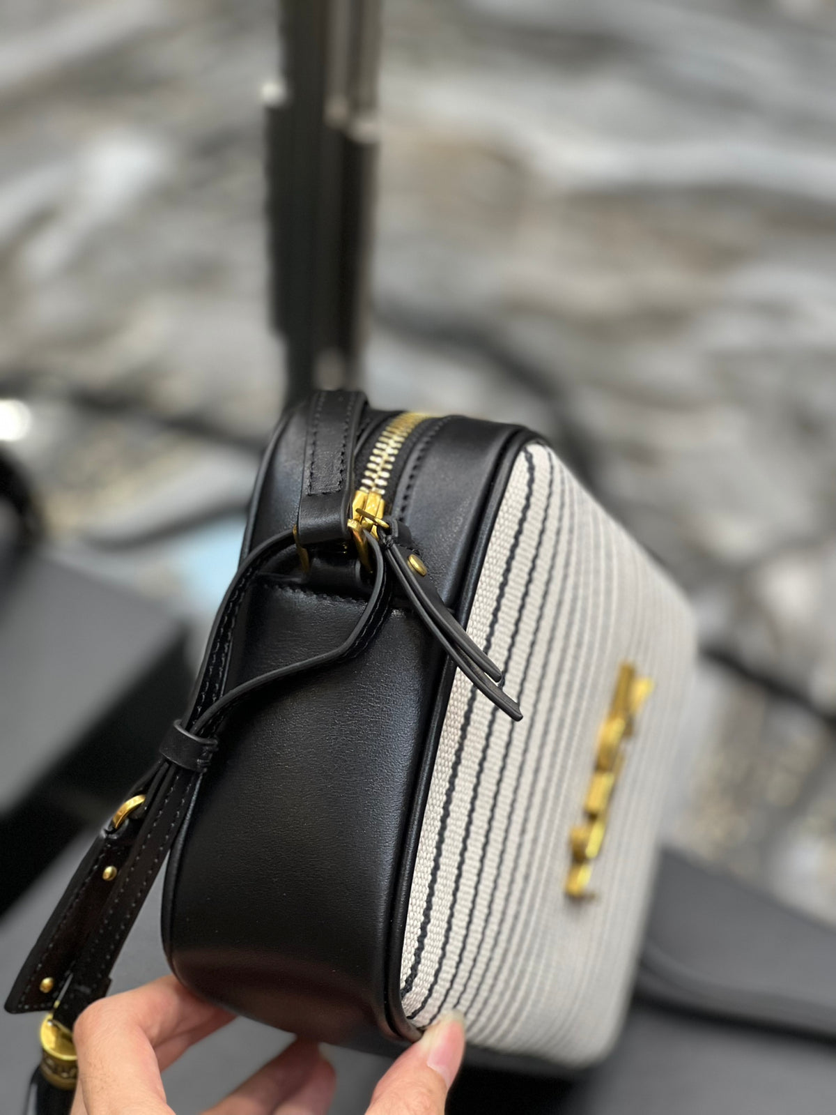 SAINT LAURENT Lou Medium Ysl Striped Canvas Camera Crossbody Bag In Grey Cream