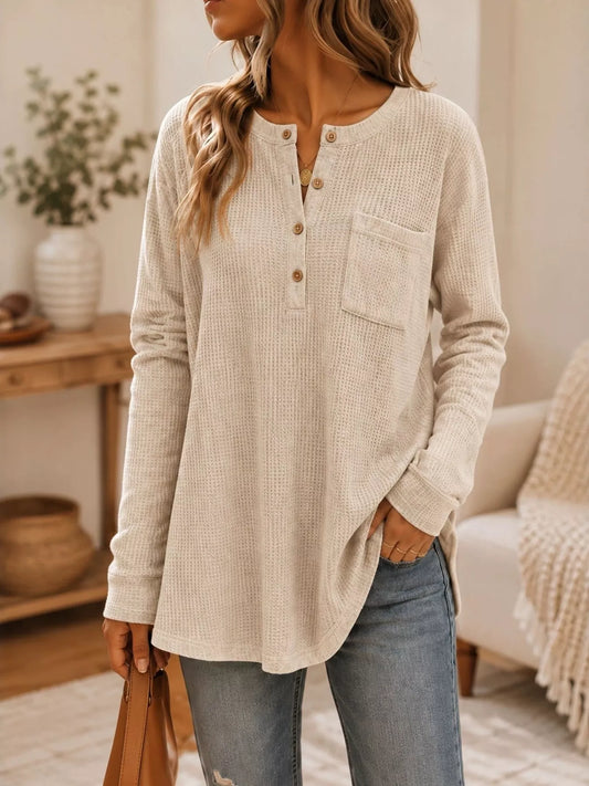 Waffle Knit Button Detail Top