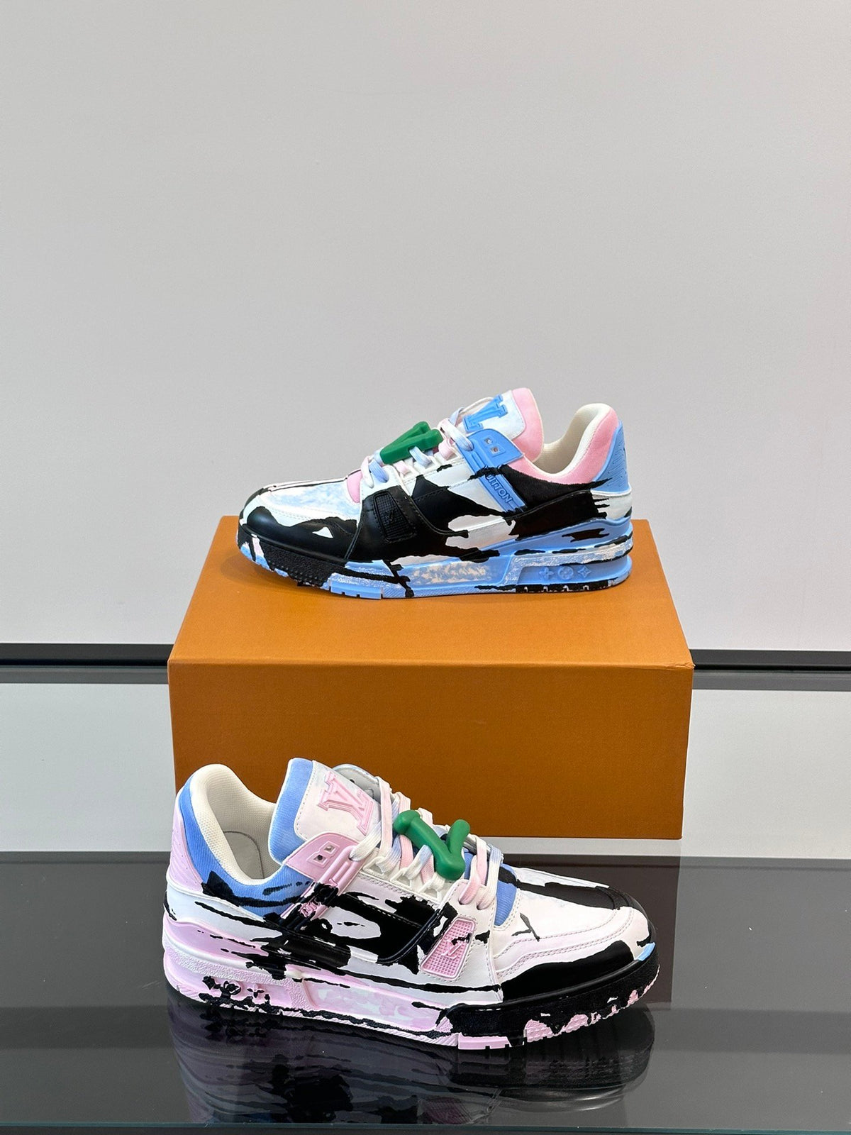 LV Men White Pink Blue Leather Sneakers