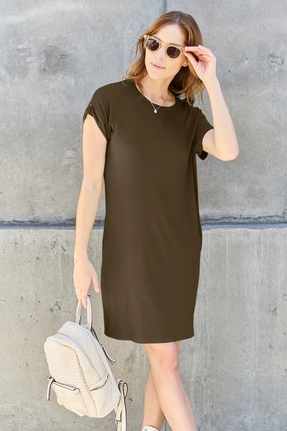 Basic Bae Full Size Solid Round Neck Short Sleeve Casual Loose Mini T-Shirt Dress with Side Pockets