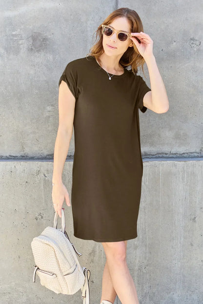 Basic Bae Full Size Solid Round Neck Short Sleeve Casual Loose Mini T-Shirt Dress with Side Pockets