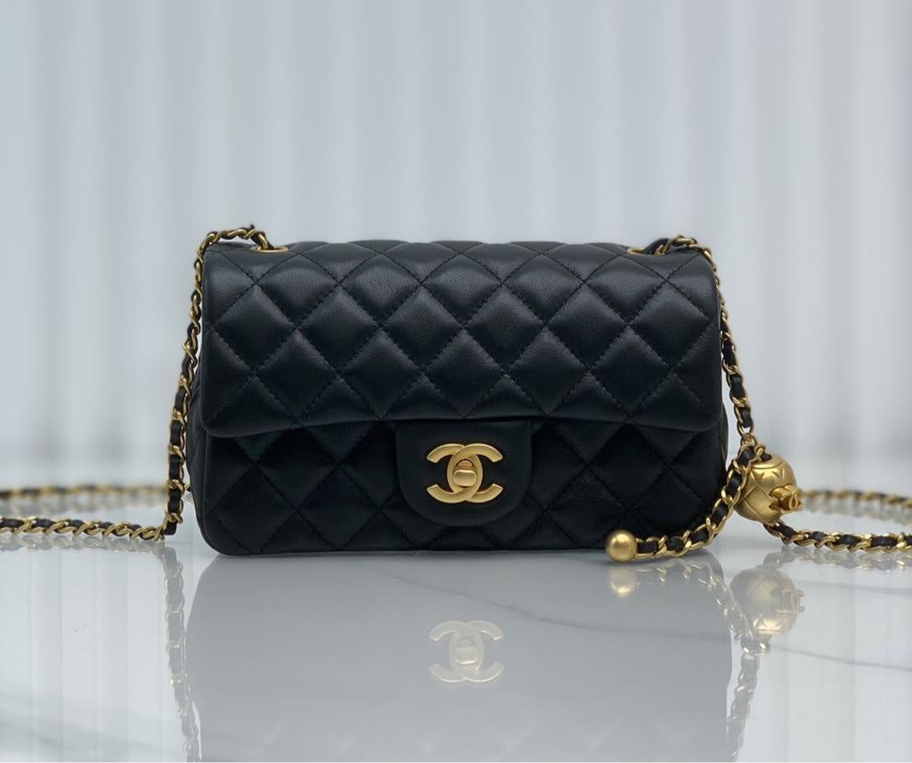 CHANEL Lambskin Quilted Mini Rectangular Sweet Camellia Flap Black