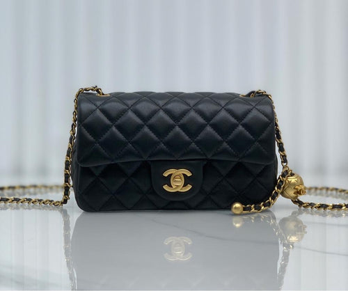 CHANEL Lambskin Quilted Mini Rectangular Sweet Camellia Flap Black