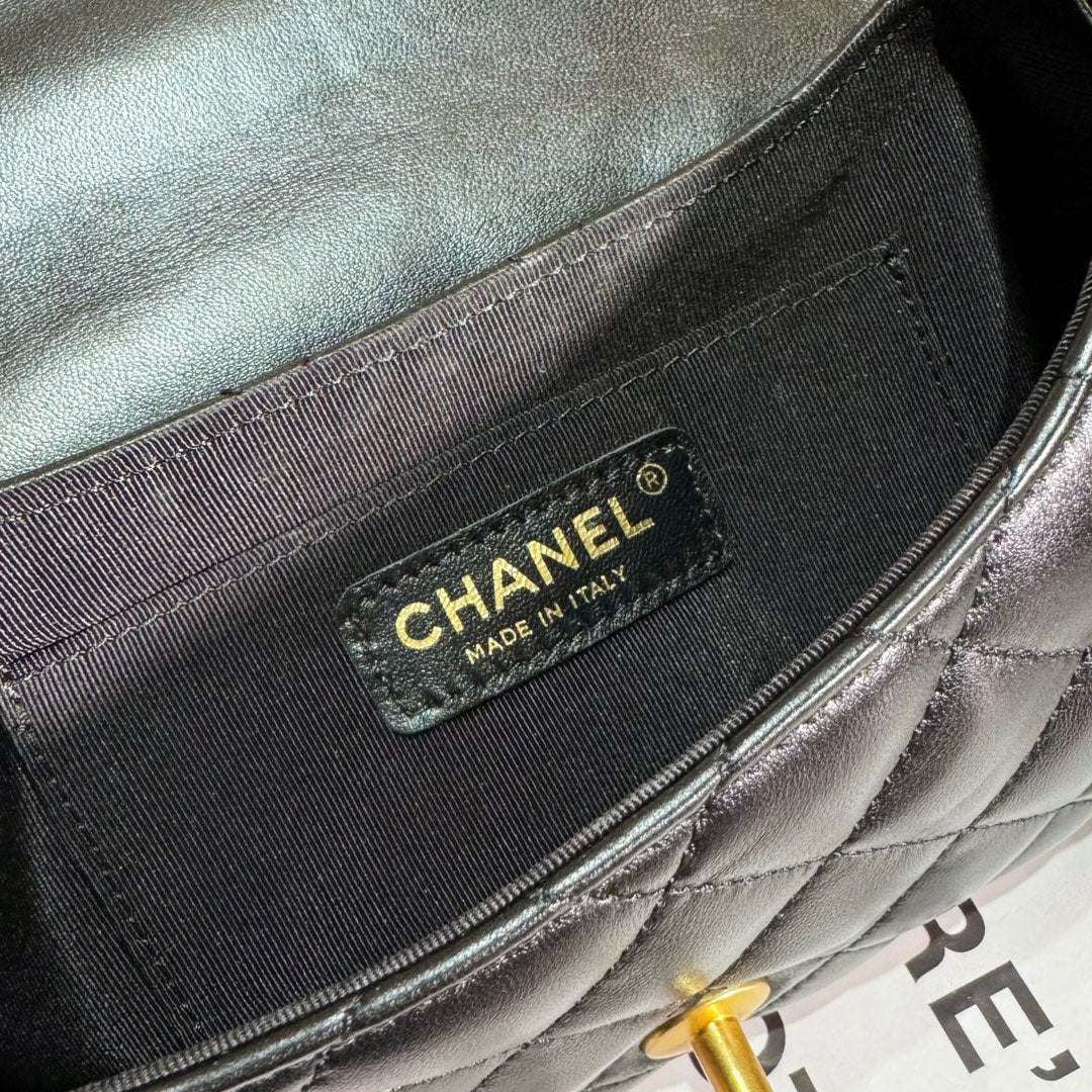 Chanel 24C Top Handle Flap Bag in Black Lambskin