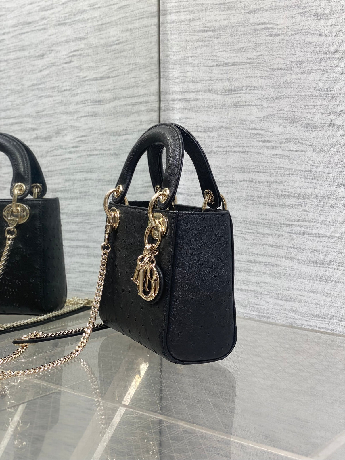 Christian Dior Mini Lady Dior bag in Black Ostrich leather