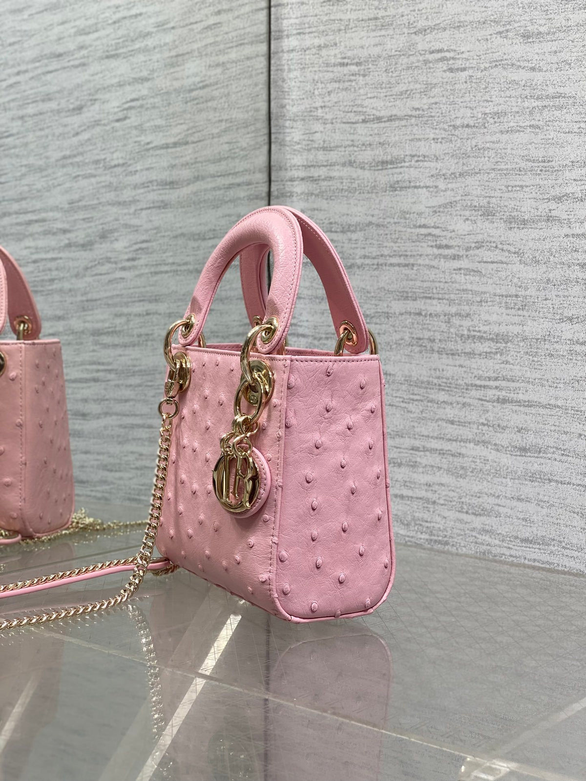 Christian Dior Mini Lady Dior bag in Pink ostrich leather