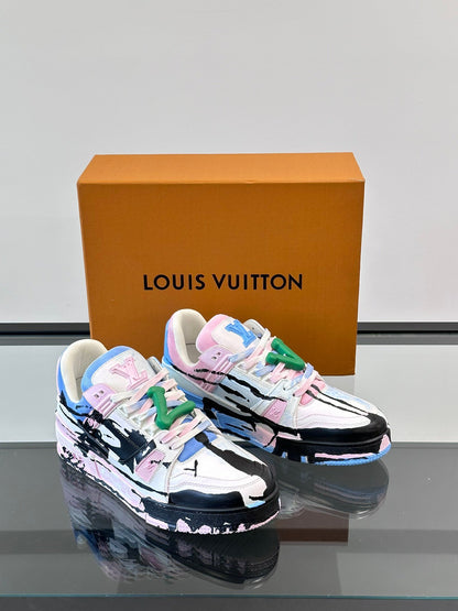 LV Men White Pink Blue Leather Sneakers