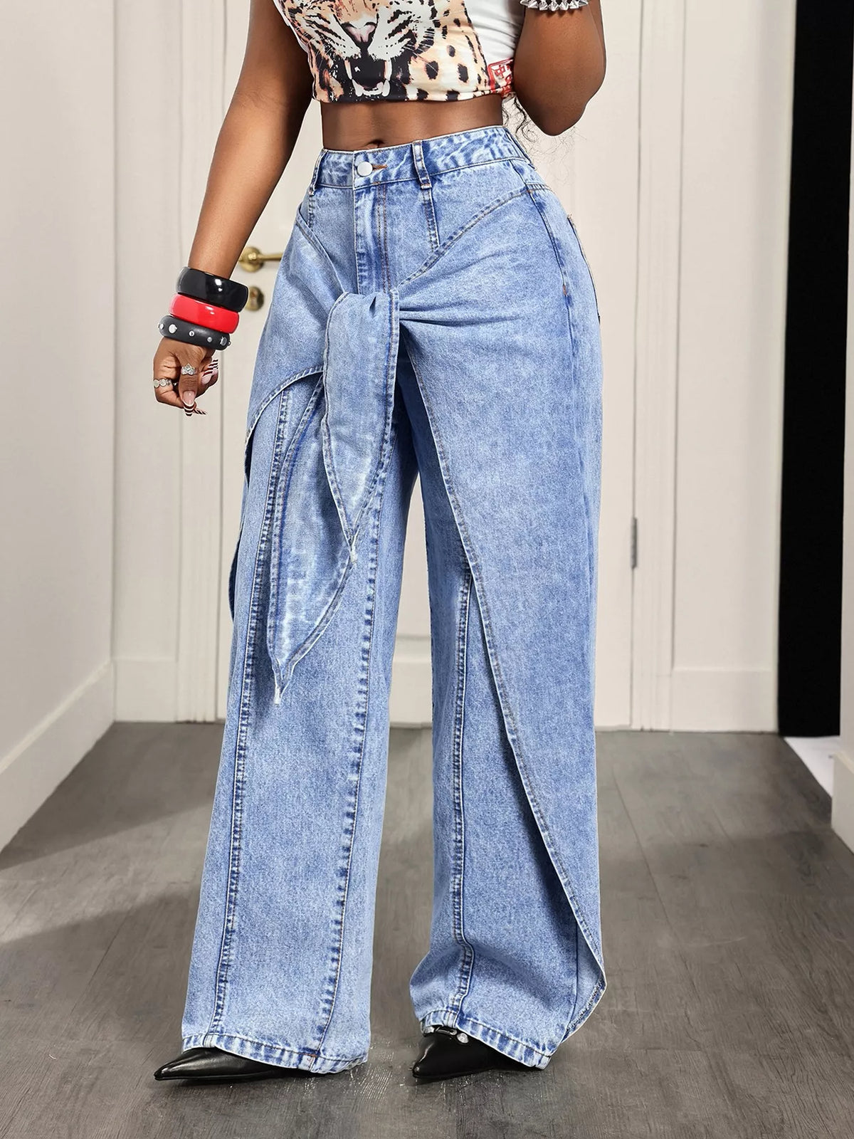 High-Waisted Ruffled Wide-Leg Jeans
