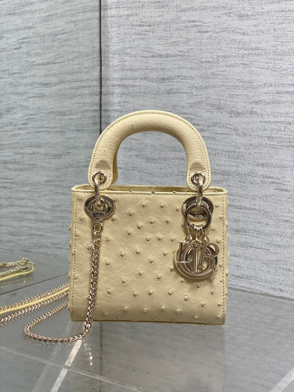 Christian Dior Mini Lady Dior bag in Beige ostrich leather