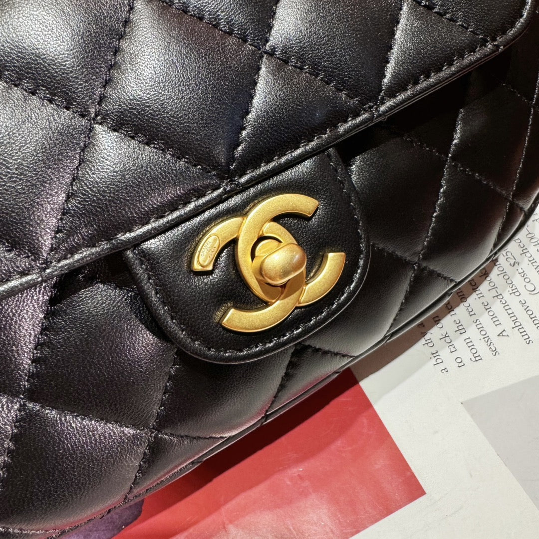 Chanel 24C Top Handle Flap Bag in Black Lambskin