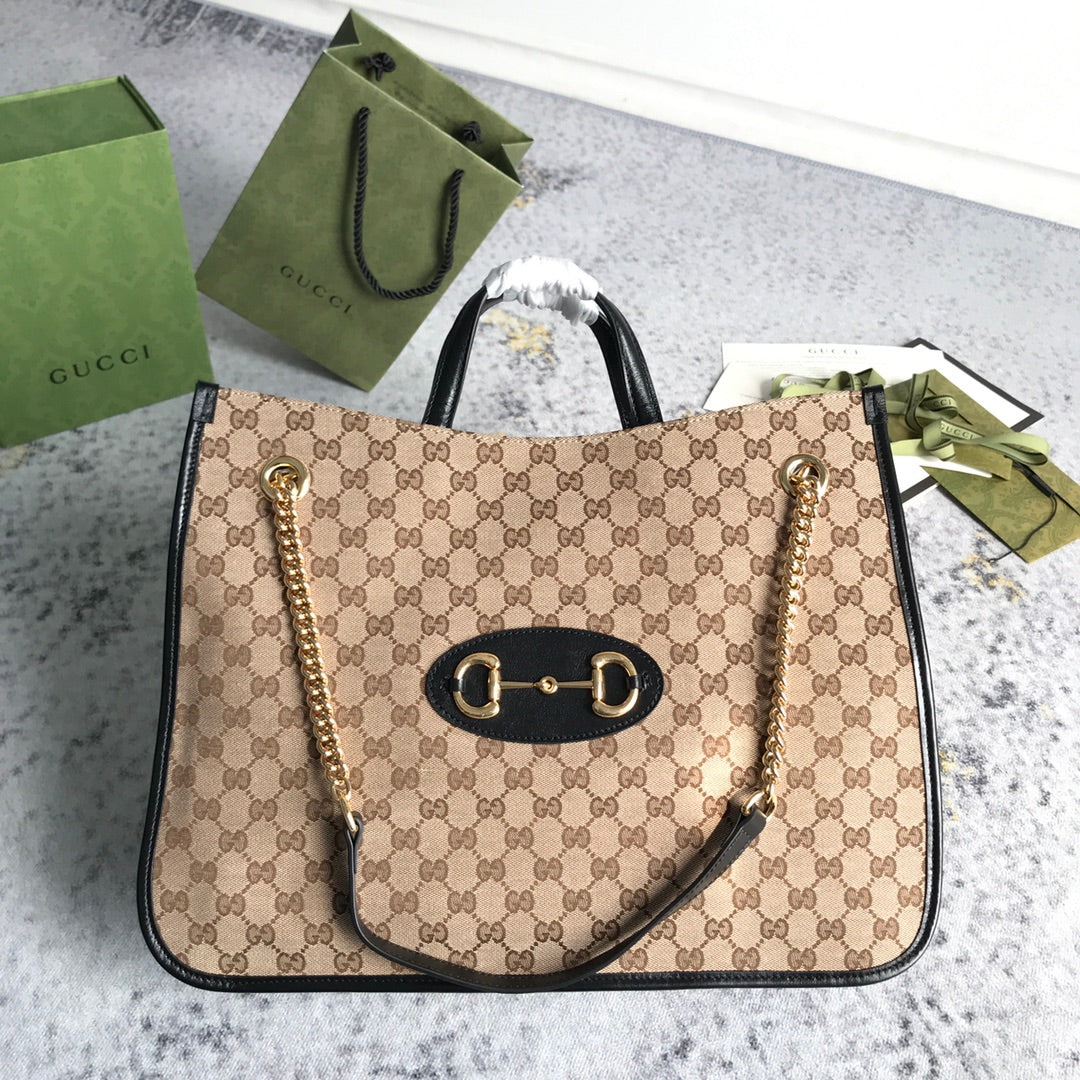 Gucci Brown Large GG Canvas 1955 Horsebit Chain Tote Beige
