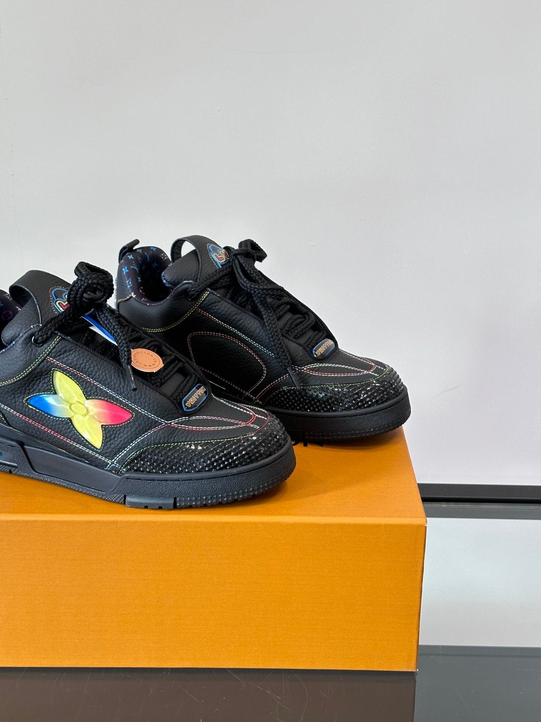 LV Men Black Leather Colorful Accent Sneakers
