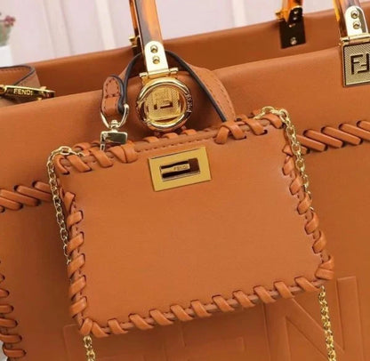 Fendi Sunshine Tote Bag Brown With Decorative Stitching