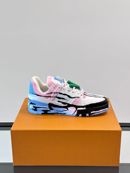 LV Men White Pink Blue Leather Sneakers
