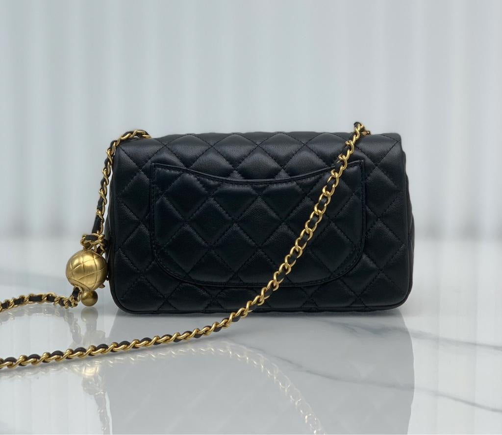 CHANEL Lambskin Quilted Mini Rectangular Sweet Camellia Flap Black