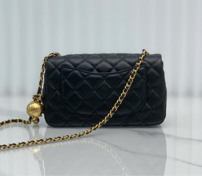 CHANEL Lambskin Quilted Mini Rectangular Sweet Camellia Flap Black