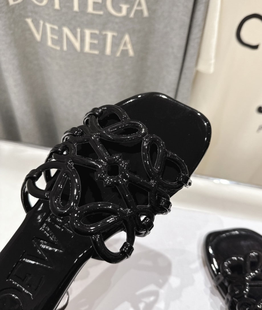 Loewe Leather Petal Anagram Slides in Black