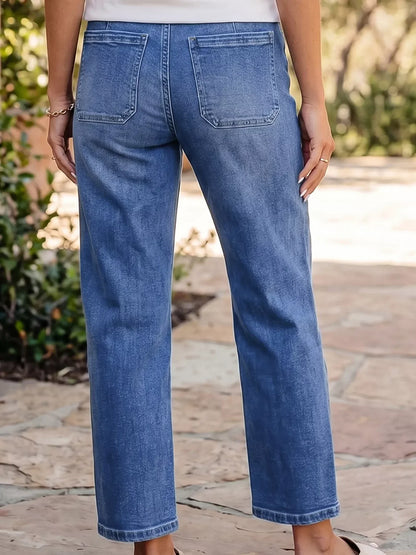 Drawstring Waist Ankle Length Casual Jeans Regular Fit Pocket Detail Jeans