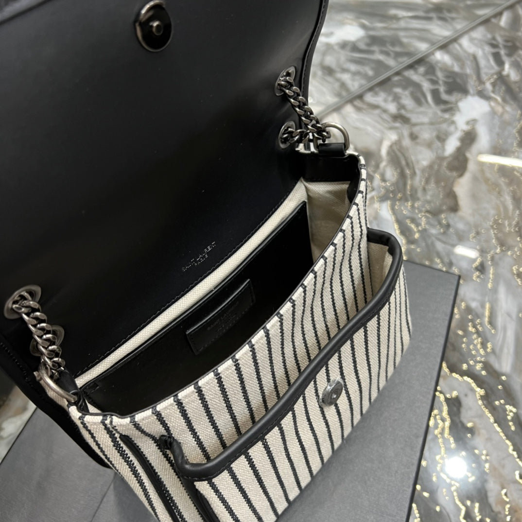 Saint Laurent Cotton Canvas Striped Vintage Calfskin Monogram Medium Niki Chain Satchel