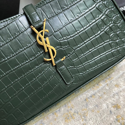 SAINT LAURENT Le 5 À 7 Green Crocodile-effect Leather Shoulder Bag In Dark Green