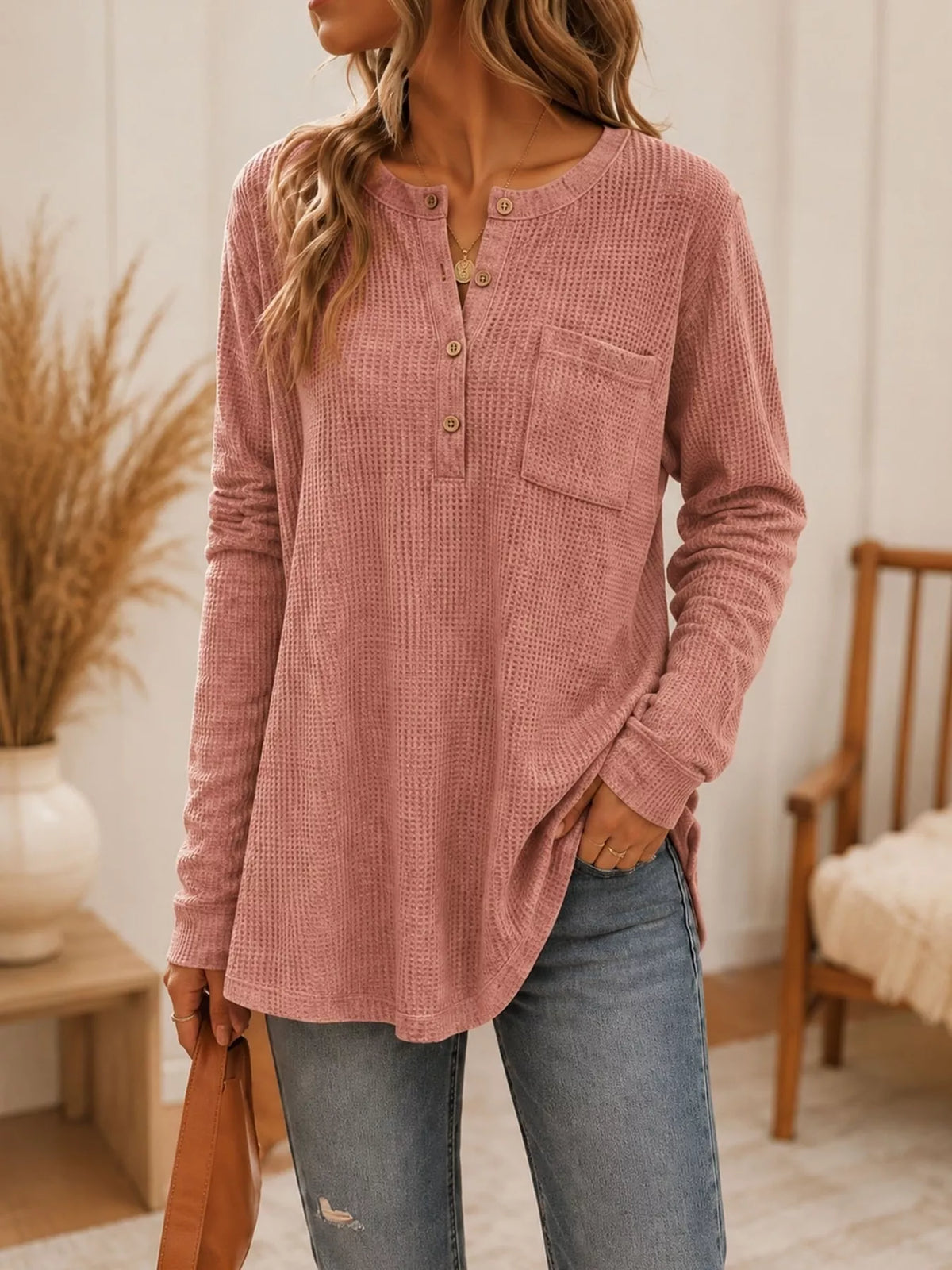 Waffle Knit Button Detail Top